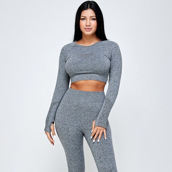 Active Wear Set For Women Crop Top With Legging Set-Grey Gym Wear Legging and crop top set Matching Set