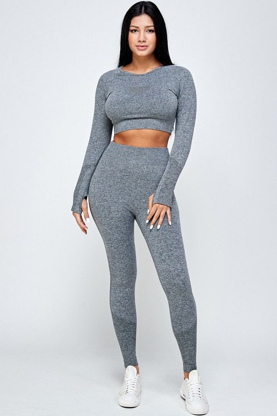 Active Wear Set for Women Crop Top With Legging Set-grey Gym Wear Legging  and Crop Top Set Matching Set 