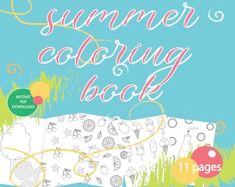May include: A summer coloring book with 11 pages featuring images of ice cream, fruit, and other summer-themed designs. The cover is blue with the words "Summer Coloring Book" in pink and white.