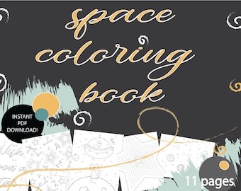 May include: A black and white coloring book with the title "Space Coloring Book" in yellow text. The cover features a variety of space-themed illustrations, including stars, planets, and a spaceship. The book has 11 pages and is available for instant PDF download.