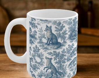 Fox Toile de Jouy Coffee Mug, Vintage-Inspired Pattern, Artistic Gift for Animal Lovers, Cottagecore, Rural Aesthetic