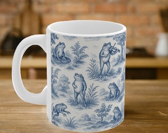 Frog Toile de Jouy Mug, Vintage-Style Frog Pattern, Whimsical wildlife Gift for Nature and Amphibian Lovers, cottagecore