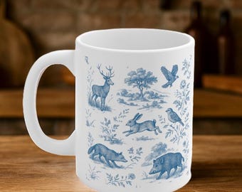 Wildlife Toile de Jouy Mug: Rustic Cottagecore Coffee Cup