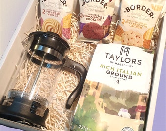 Coffee Gift Hamper with Cafetiere, Taylors Coffee, and Border Biscuits