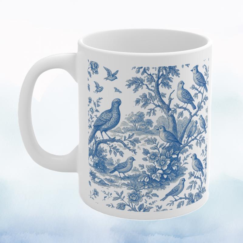 Bird Toile de Jouy Mug, Ceramic Tea and Coffee Cup, with Vintage-Inspired Bird Artwork, French Country Aesthetic Gift for Bird Lovers