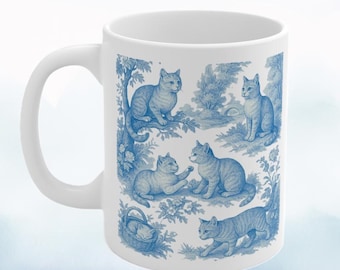 Cat Mug Toile de Jouy pattern, Country Style Decor, Tea/Coffee Cup, Feline Artwork, Gift for the home