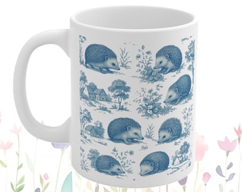 Hedgehog Mug: Toile de Jouy Vintage-Style Ceramic Mug