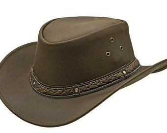 HADZAM Western Style Outback Chapeau de cowboy en cuir pour homme et femme