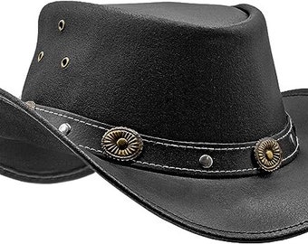 May include: A black leather cowboy hat with a wide brim and a decorative band with metal accents.