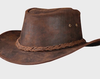 Men and Women Brown Genuine Leather Western Outback Cowboy Hat