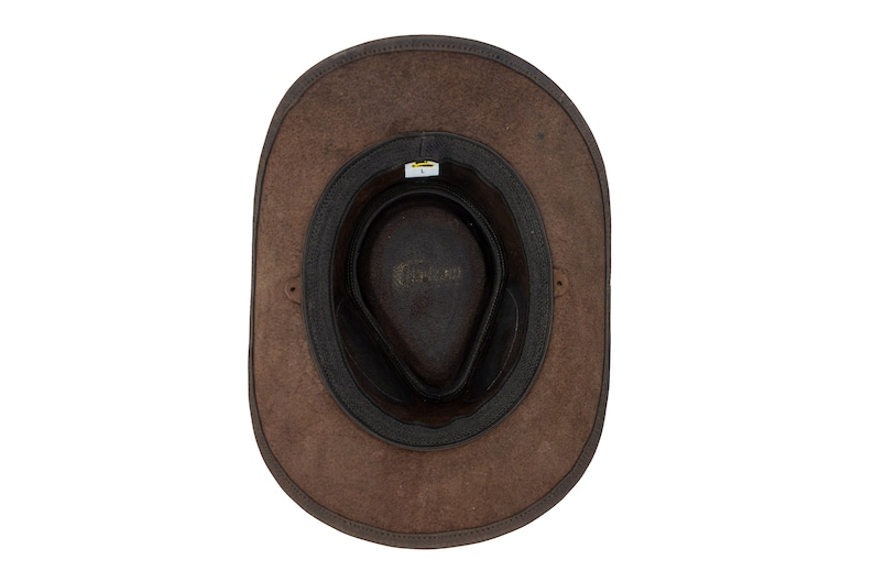 May include: A brown leather cowboy hat with a black leather band and a brown leather lining. The hat has a wide brim and a tall crown.