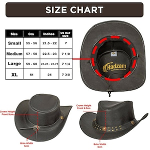 K&ouml;nnte beinhalten: Ein schwarzer Cowboyhut aus Leder mit einer Krempe von 6 cm Breite und einer Krone von 9,5 cm H&ouml;he. Der Hut hat ein braunes Lederband mit einer silbernen Schnalle und einem silbernen Concho. Der Hut ist mit "Hadzam" beschriftet und hat eine Gr&ouml;&szlig;entabelle mit Ma&szlig;en in Zentimetern und Zoll.
