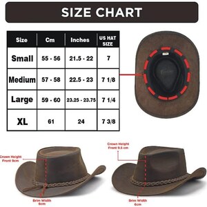 May include: Size chart for a brown leather cowboy hat with a brim width of 6 inches. The chart shows hat sizes in inches, centimeters, and US hat sizes. The hat is shown from the top and side views.