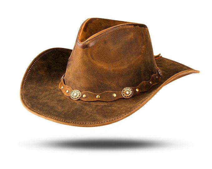 HADZAM Brown Shapeable Western Outback Leather Cowboy Hat for Men and Women