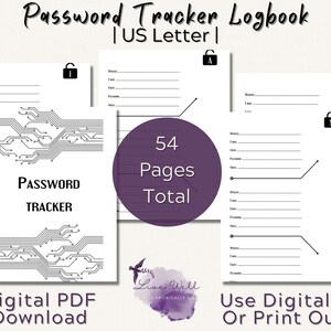 Password Tracker | Tracker | PDF | Password Log | Password Keeper | Password Logbook | Password Manager | Internet Password Journal