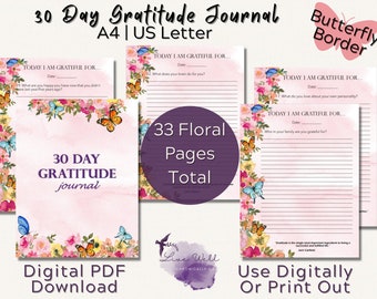 30 Day Gratitude Journal | Butterfly Border | Gratitude Journal | Floral Journal | Pink | PDF