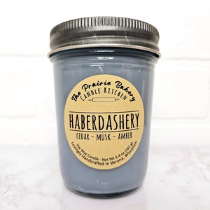 Haberdashery | Scented Soy Wax Candle | Cedar Amber Musk Lavender Men&#39;s Fragrance Cologne | Housewarming Birthday Wedding Holiday Gift