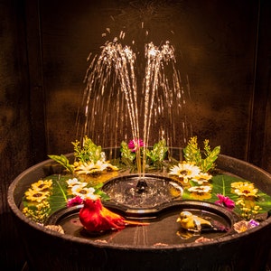May include: A decorative fountain with water jets, surrounded by flowers and artificial birds. The fountain is set in a dark, wooden barrel-like structure, creating a serene and natural ambiance. The water is illuminated, enhancing the visual appeal.