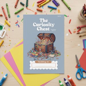 May include: A light blue book cover with the title "The Curiosity Chest" and an illustration of a treasure chest overflowing with colorful objects. The image is surrounded by art supplies like crayons, paint, brushes, and colored paper.