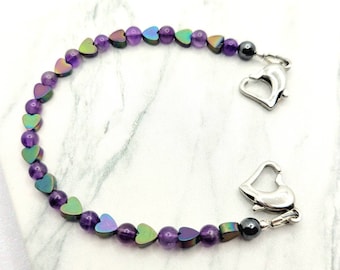 Medical ID Bracelet, Interchangeable Attachment w/ Amethyst & Rainbow Hematite Hearts, Heart Clasps, Medical ID Bracelet Women, Kids, Teens