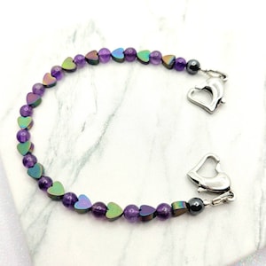 Medical ID Bracelet, Interchangeable Attachment w/ Amethyst & Rainbow Hematite Hearts, Heart Clasps, Medical ID Bracelet Women, Kids, Teens