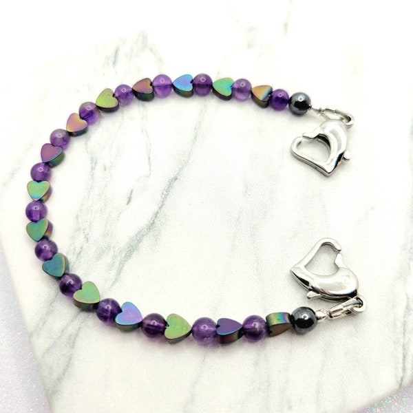 Medical ID Bracelet, Interchangeable Attachment w/ Amethyst & Rainbow Hematite Hearts, Heart Clasps, Medical ID Bracelet Women, Kids, Teens