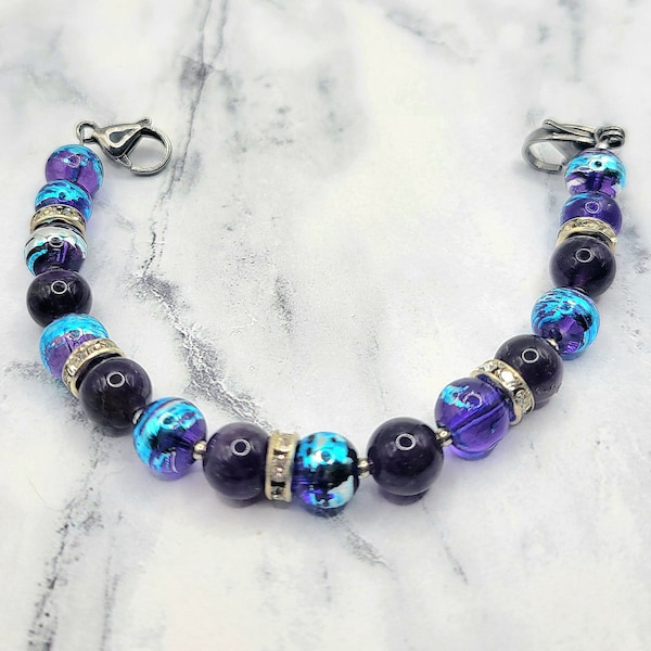 Medical ID Bracelet Attachment w/Amethyst, Irridescent Czech Glass & Rhinestones, Interchangeable Medic Alert for Women