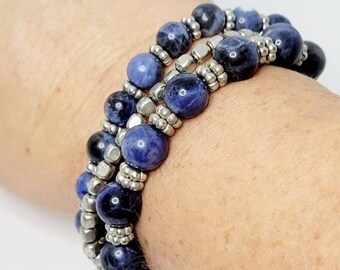 Interchangeable Medical ID w/ Genuine Sodalite & Silver Metal,  Medical ID Bracelet Women, Diabetic Bracelet, Beaded Medical Alert