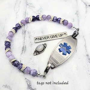 Medizinisches ID-Armband für Frauen, Austauschbarer Aufsatz mit Quarz und Flieder Jaspis, Medizinisches Alarmarmband, ID-Armband
