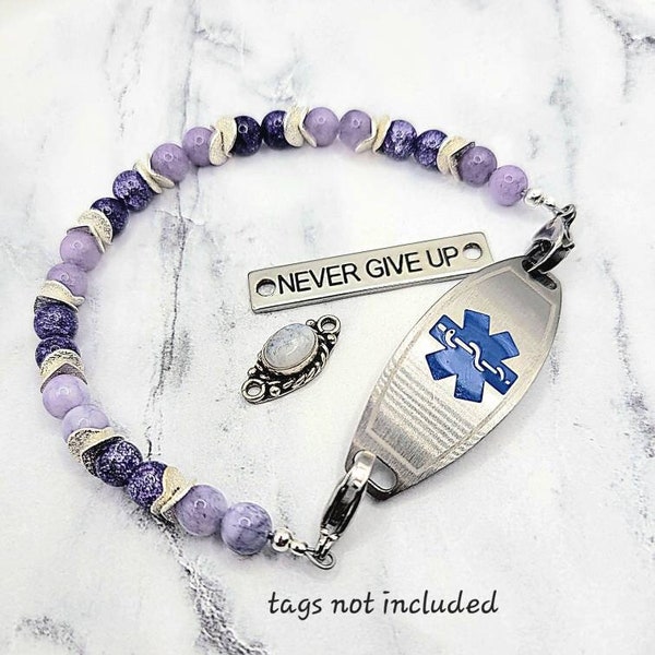 Medical ID Bracelet for Women, Interchangeable Attachment w/Quartz & Lilac Jasper, Medical Alert Bracelet, ID Bracelet Band