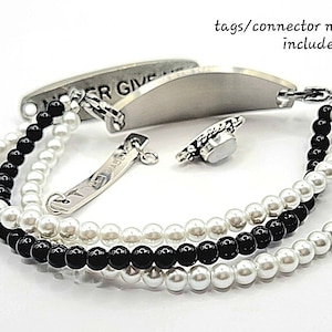 3-Strand Medical Bracelet Attachment w/ Black Jasper & White Glass Pearls,  Medical ID Bracelet Women, Diabetes Bracelet, Medic Alert