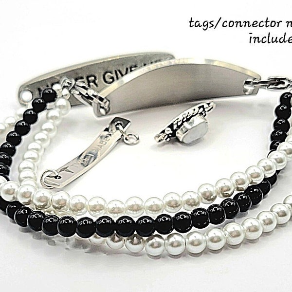 3-Strand Medical Bracelet Attachment w/ Black Jasper & White Glass Pearls,  Medical ID Bracelet Women, Diabetes Bracelet, Medic Alert
