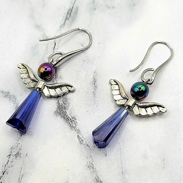 Angel Wing Earings, Rainbow Hematite Angel Earings, Non Tarnish French  Hook, Angel Theme Jewelry, Irridescent Stone Earings, Metallic