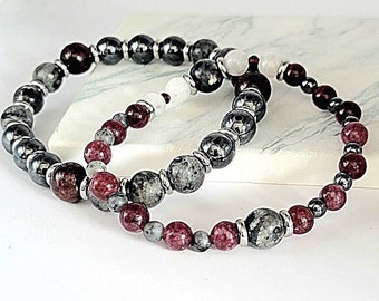 Couples Bracelet Set, Fertility Crystals, Fertility Bracelets for Couples, Lepidolite, Hematite, Moonstone, Garnet Bracelet, Anti Stress