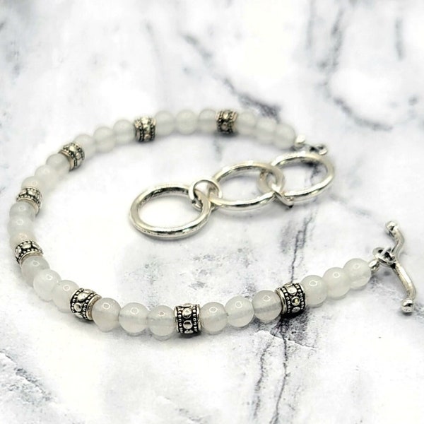 Snow Quartz Bracelet w/ Adjustable Toggle Clasp, Dainty 4mm Milky Quartz, Stress Relief, Focus & Prosperity, Dispels Negativity, Immunity