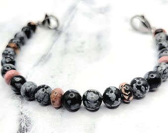 Medical Alert Bracelet, Snowflake Obsidian & Rhodonite ID, Interchangeable Attachment, Allergy, Autism, Diabetes, Cancer, Epilepsy ID