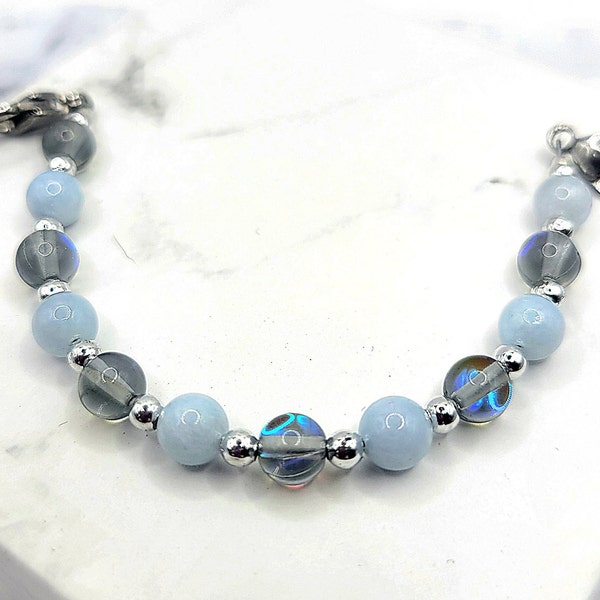 Interchangeable Medical Alert Bracelet for Women w/ Aquamarine and Mermaid Glass Medical ID Bracelet Attachment Band