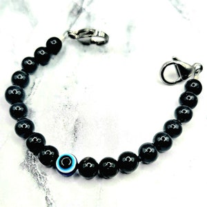 Evil Eye Medical Alert Bracelet w/ Black Tourmaline, Unisex Medical ID Bracelet, Interchangeable Replacement Band, Empath Protection