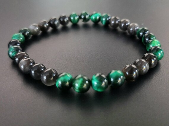 Emerald Green Tiger Eye Bracelet Black Obsidian Healing Bracelet