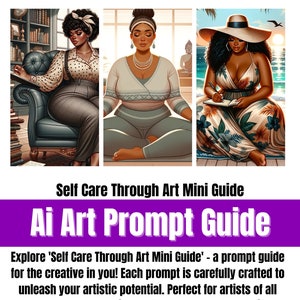 Puede incluir: Guía de arte digital titulada "Self Care Through Art Mini Guide" con tres ilustraciones de mujeres. La guía, con un título morado, está diseñada para ayudar a artistas de todos los niveles a crear retratos de autocuidado.