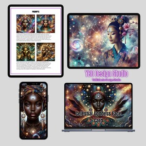 K&ouml;nnte beinhalten: Eine digitale Kunstkarte mit dem Gesicht einer himmlischen G&ouml;ttin mit dunkler Hautfarbe, umgeben von Sternen und Planeten. Die Karte tr&auml;gt den Text "Celestial Goddess Face Card" in goldener und wei&szlig;er Schrift.