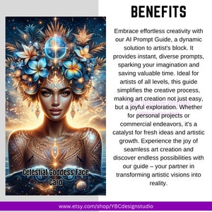 K&ouml;nnte beinhalten: Eine digitale Illustration eines Frauen Gesichts mit einer Blumenkrone. Die Frau hat dunkle Haut, braune Augen und rote Lippen. Der Hintergrund ist ein farbenfrohes abstraktes Design. Der Text "Celestial Goddess Face Card" befindet sich am unteren Rand des Bildes.