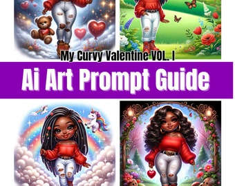 May include: Four digital illustrations of a Black woman with curly hair wearing a red sweater and white jeans. The woman is in different settings, including a field with butterflies, a cloudy sky with a rainbow, a forest with a heart-shaped archway, and a starry sky with a red heart balloon.