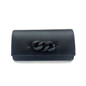 Black Faux Leather Evening Clutch with Chain Detail