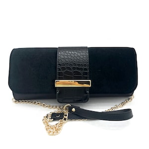 Black Velvet Evening Clutch Bag: Metal Plate, Occasion Handbag