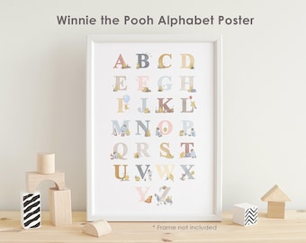 Póster del alfabeto de Winnie the Pooh en acuarela, lámina decorativa vintage británica de Disney para pared, con Pooh, Tigger, Piglet, Eeyore y Christopher Robin.