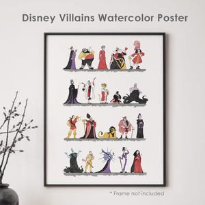 Puede incluir: Un p&oacute;ster en acuarela enmarcado con villanos de Disney. La obra de arte muestra una colecci&oacute;n de personajes ic&oacute;nicos en un estilo colorido e ilustrado. El texto "Disney Villains Watercolor Poster" est&aacute; en la parte superior. La frase "Frame not included" est&aacute; en la parte inferior.