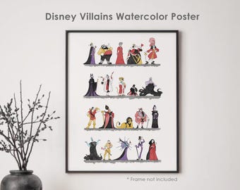 Villains Watercolor Poster - Minimalist Wall Art featuring your favorite Disney Bad Guys including Maleficent, Scar, Ursula, and more