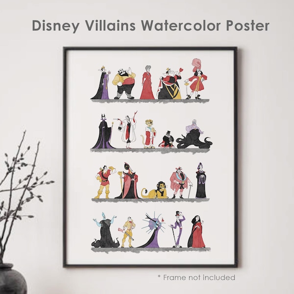 Aquarelposter schurken: minimalistische muurkunst met je favoriete Disney-slechteriken, waaronder Maleficent, Scar, Ursula en meer