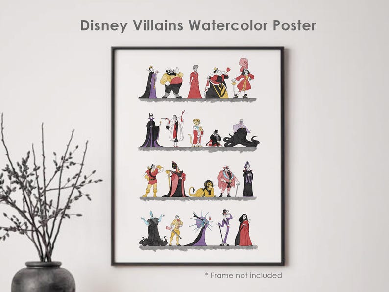 Puede incluir: Un p&oacute;ster en acuarela enmarcado con villanos de Disney. La obra de arte muestra una colecci&oacute;n de personajes ic&oacute;nicos en un estilo colorido e ilustrado. El texto "Disney Villains Watercolor Poster" est&aacute; en la parte superior. La frase "Frame not included" est&aacute; en la parte inferior.